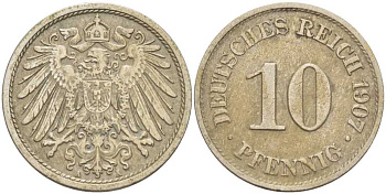 Германия 10 пфеннигов 1907 A KM 12, J. 13, Weege 8 медно-никель 259-945