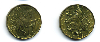 Чехия 20 крон 1993 чешский лев, герцог Вацлав на коне KM 5 сталь плакированная латунью 35-532