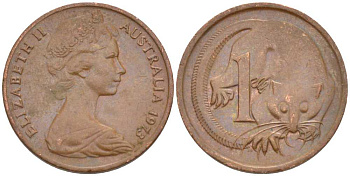 Австралия 1 цент 1973 Елизавета II (1952-2022), молодой портрет, опоссум KM 62 бронза 100-763