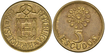 Португалия 5 эскудо 1992 KM 632 никель латунь 4573-954