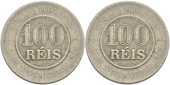 БРАЗИЛИЯ 100 РЕЙС 1889 РЕСПУБЛИКА KM 483 медно-никель 4529-536