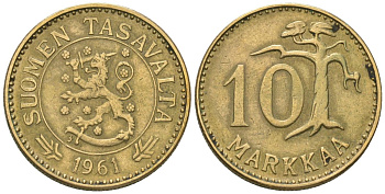 Финляндия 10 марок 1961 S KM 38 алюминиевая бронза 4169-746