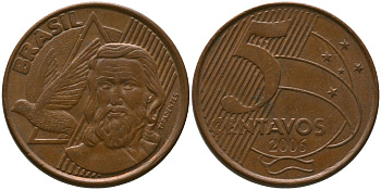 Бразилия 5 сентаво 2006 KM 648, Schon 156 сталь плакированная медью 4523-1044