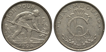ЛЮКСЕМБУРГ 1 ФРАНК 1924 СТАЛЕВАР, ДИАМЕТР 22,8 ММ., ВЕЛИКАЯ ГЕРЦОГИНЯ ШАРЛОТТА (1919-1964) KM 35 никель 4538-851