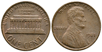 США 1 цент 1981 Линкольн KM 201 медь цинк    4608-359