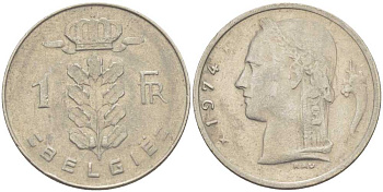 БЕЛЬГИЯ 1 ФРАНК 1974 BELGIE, БОДУЭН I (1951-1993) KM 143.1 медно-никель 213-346