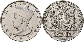 Андорра 25 динеров 1984 Жоан Марти-и-Аланис. Епископ Уржеля, тираж 4450 экз. KM 18 серебро BU 4368-121