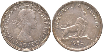 Австралия 1 флорин = 2 шиллинга 1954 Королевский визит в Австралию, Елизавета II (1952-2022), английский лев и кенгуру KM 55 серебро 81-246