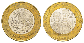 Мексика 20 песо 2014 100 лет героической обороне Веракруса KM 978 биметалл aUNC 1527-1323