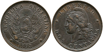 Аргентина 2 сентаво 1893 голова свободы влево KM 8 бронза 4531-1143