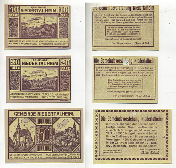 АВСТРИЯ НАБОР ИЗ 3 БАНКНОТ 1920 21 АПРЕЛЯ 1920-31 ДЕКАБРЯ 1920, НОТГЕЛЬД, 10, 20, 50 ГЕЛЛЕРОВ, NIEDERTALHEIM, СИРЕНЕВЫЕ бумага XF 6278-12-1