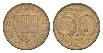 Австрия 50 грошей 1980 KM 2885 алюминиевая бронза 4124-266