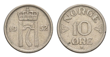 Норвегия 10 эре 1952 Хокон VII (1905-1957) KM 396 медно-никель 4632-1139