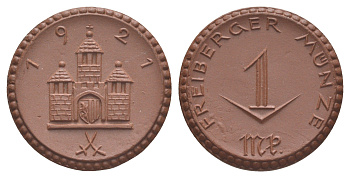 Фрайберг 1 марка 1921 Men05 8084.12, Men18 10080.12, Scheuch 123a фарфор 1094-10-44