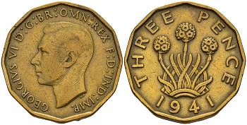 Великобритания 3 пенса 1941 Георг VI (1936-1952) KM 849, Spink 4112 никель латунь 4153-722