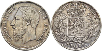 Бельгия 5 франков 1868 Леопольд II (1865-1909), ПОЗИЦИЯ А KM 24 серебро 5010-832