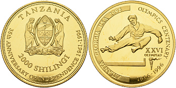 Танзания 2000 шиллингов 1996 XXVI Олимпийские игры 1996 года в Атланте, 100 лет Олимпийскому движению, карате, пробник, рубчатый гурт латунь PROOF 06-158-24