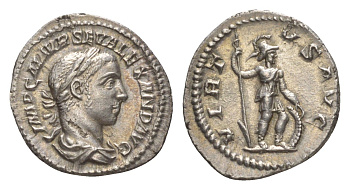 Римская Империя денарий 225 Александр Север, IMP C M AVR SEV ALEXAND AVG, бюст императора/VIRTVS AVG, Виртус с копьем и щитом, Рим, About extremely fine RIC 182 серебро 00-812-55