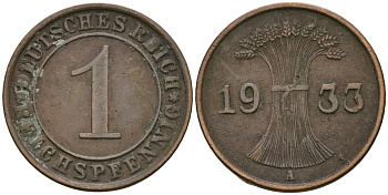 Германия 1 рейхспфенниг 1933 A KM 37, J. 313 бронза 4189-1154
