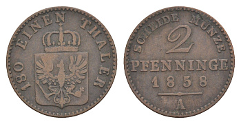 Пруссия 2 пфеннига 1858 A, Фридрих Вильгельм IV (1840-1861) KM 452, Jaeger 51, Olding 336, AKS 91 медь 4651-312