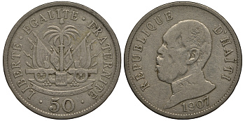 Гаити 50 сантимов 1907 Президент Пьер Нор Алексис KM 56 медно-никель 633-311