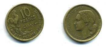 Франция 10 франков 1951 петух KM 915.1, Le Franc 363.4 алюминиевая бронза 46-419