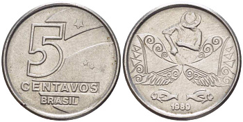 БРАЗИЛИЯ 5 СЕНТАВО 1989 РЕФОРМА 1989-1990 KM 612 нержавеющая сталь 105-327