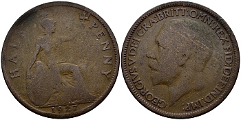 Великобритания 1/2 пенни 1927 Георг V (1910-1936), большая голова KM 824, Spink 4057 бронза 51-1616