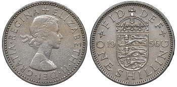 Великобритания 1 шиллинг 1956 Елизавета II (1952-2022), Английский герб KM 904, Spink 4147 медно-никель 4122-1034