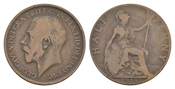 Великобритания 1/2 пенни 1918 Георг V (1910-1936) KM 809, Spink 4056 бронза 4642-426