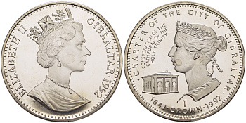 Гибралтар 1 крона 1992 150 лет хартии Гибралтара KM 178 медно-никель BUNC 1084-8-53