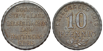 Германия, Бокум, Гельзенкирхен, Хаттинген 10 пфеннигов 1918 Северный Рейн-Вестфалия, нотгельд Funck 49.1a железо 4119-936