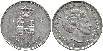 Дания 1 крона 1979 S; B, Маргрете II (1972-) KM 862.1 медно-никель 113-914