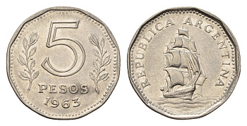 Аргентина 5 песо 1963 KM 59 сталь плакированная никелем 4116-421