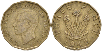 Великобритания 3 пенса 1942 Георг VI (1936-1952) KM 849, Spink 4112 никель латунь 4556-1052