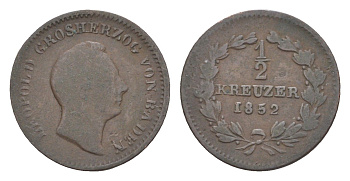 Баден 1/2 крейцера 1852 Леопольд (1830-1852) KM 213 медь 4639-418