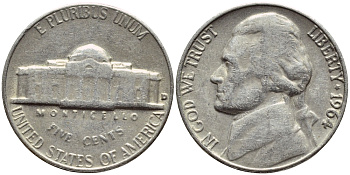 США 5 центов 1964 D, Джефферсон KM А192 медно-никель 4397-125