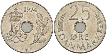 ДАНИЯ 25 ЭРЕ 1974 S; B, МАРГРЕТЕ II (1972-) KM 861.1 медно-никель 94-557