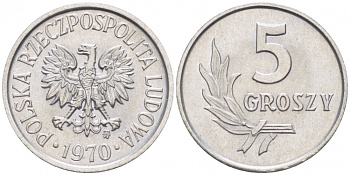Польша 5 грошей 1970 MW  KM A46, Parchimowicz 204j алюминий UNC 214-756