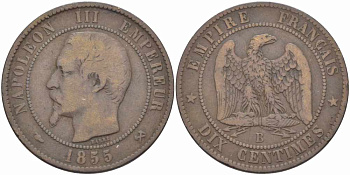 Франция 10 сантимов 1855 B, Наполеон III (1852-1870) KM 771.2, Le Franc 133.21 бронза 38-1036