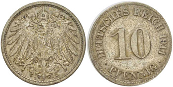 ГЕРМАНИЯ 10 ПФЕННИГОВ 1911 D KM 12, J. 13, Weege 8 медно-никель 212-146