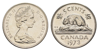 Канада 5 центов 1973 Елизавета II (1952-2022), бобр KM 60.1 никель PROOF-LIKE (BU) 4630-942