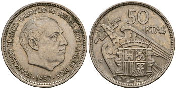 Испания 50 песет 1957 (58) Франсиско Франко (1939-1975) KM 788 медно-никель 189-1214