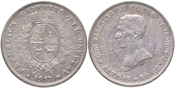 Уругвай 50 сентесимо 1917 KM 22 серебро 59-1444