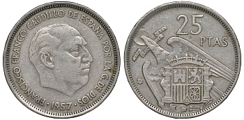 ИСПАНИЯ 25 ПЕСЕТ 1957 (58) ФРАНСИСКО ФРАНКО ДИКТАТОР ИСПАНИИ (1939-1975) KM 787 медно-никель 45-1047