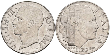 ИТАЛИЯ 20 ЧЕНТЕЗИМО 1941 R, ГОД XIX, ВИКТОР ЭММАНУИЛ III (1900-1946) KM 75b, VEM3. 1028 нержавеющая сталь 3853-651