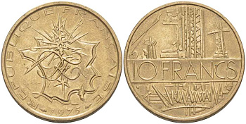 Франция 10 франков 1975 тип Матье KM 940, Le Franc 365.5-6 никель латунь 97-925