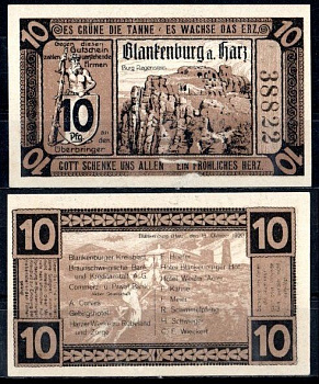 Бланкенбург-ам-Гарц (Брауншвейг) 10 пфеннигов 1920 Mehl Grabowski 114.1-2/5 бумага UNC (пресс) 7556-57-2-2