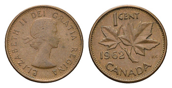 Канада 1 цент 1962 Елизавета II (1952-2022), кленовый лист KM 49 бронза 4684-139