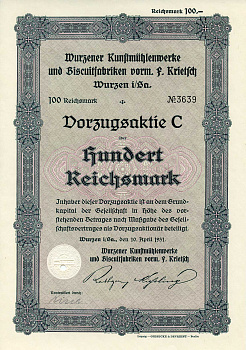 Германия 100 рейхсмарок 1931 Художественные фабрики Вюрцена и бисквитные фабрики, в частности, им. Ф. Критча, им. Вюрцена и др., фиолетовая, акция   бумага   8801-38-1